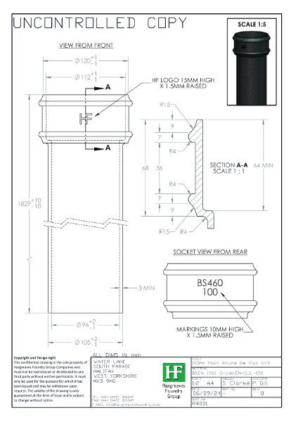 100mm Plain Rainwater Pipe Drawing