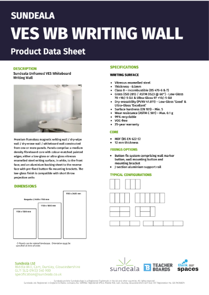 Sundeala VES Whiteboard Writing Wall - Product Data