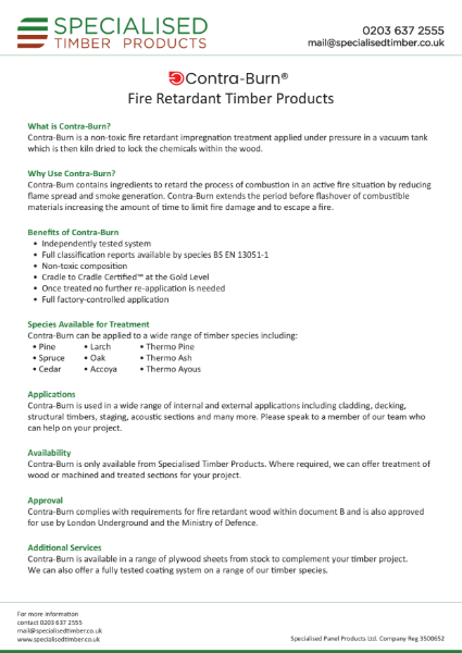 Contra-Burn Timber Products Data Sheet