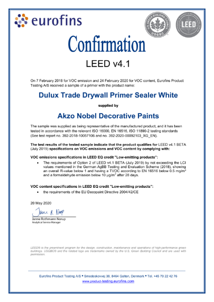 Dulux Trade Drywall Primer Sealer LEED Attestation
