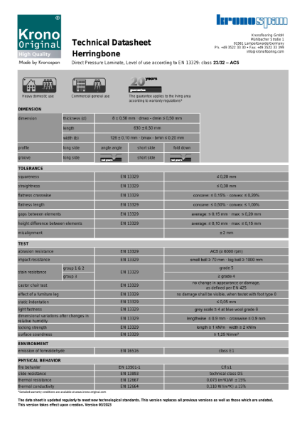 Krono Original Herringbone 8 – Technical Data Sheet