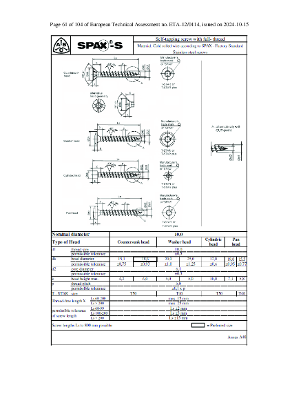 SPAX A4 Grade Stainless Steel Full Thread Flat Countersunk Head Timber Construction Data Sheet