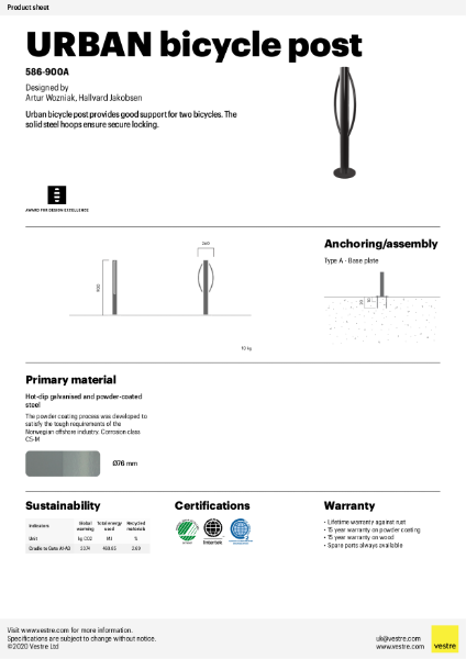 Urban bicycle post, anchoring with base plate - 586-900A