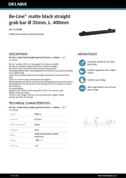 Be-Line® Grab Bars - Black, 400 mm Product Data Sheet