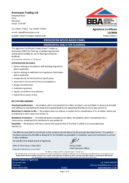 BBA Certification - OSB3 for Flooring
