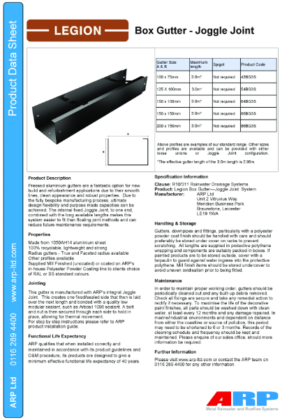 Legion Box Joggle Joint Data Sheet