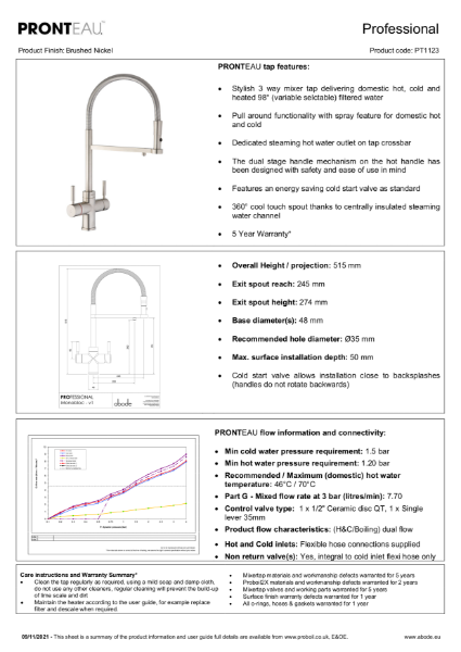 PT1123 Pronteau Prostyle (Brushed Nickel),  3 IN 1 Steaming Hot Water Tap - Consumer Specification
