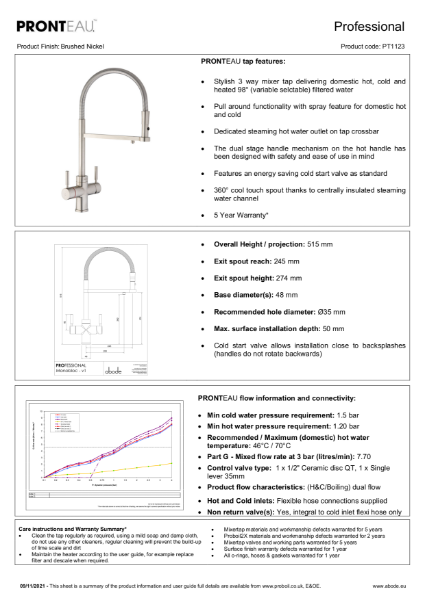 PRONTEAU™ Professional 3 in 1 Tap Brushed Nickel -  Consumer Specification