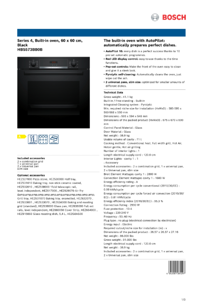 Series 4, Built-in oven, 60 x 60 cm,
Black
HBS573BB0B