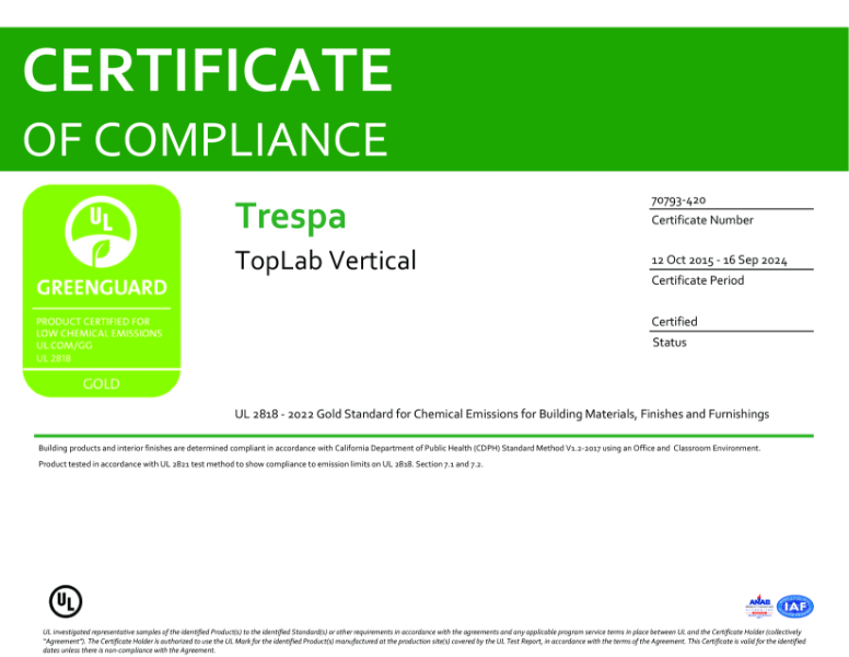 Greenguard Gold certificate Trespa® TopLab® VERTICAL