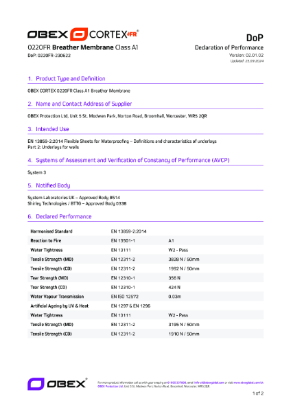 OBEX CORTEX 0220FR Class A1 Breather Membrane W2 - DoP