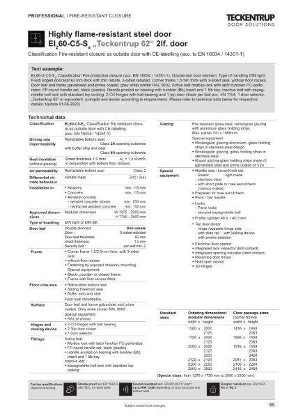 Fire Protection Door T60-2-FSA "Teckentrup 62" (Technical Data)