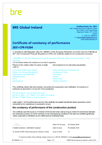 Certificate of constancy of performance