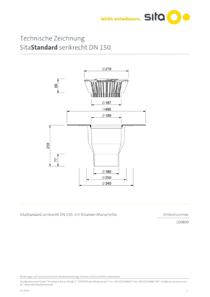 DN150 SitaStandard Vertical Roof Outlet - Technical Drawing