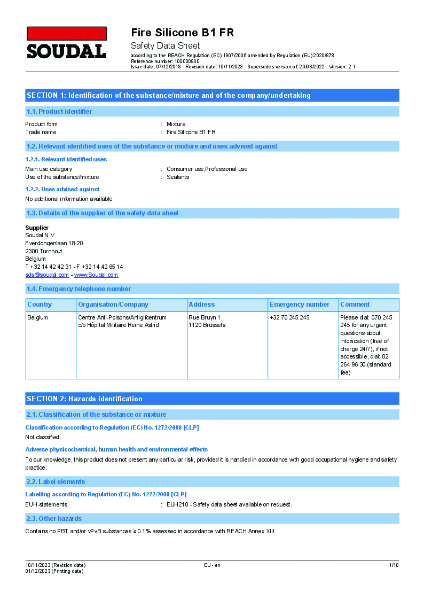 Fire Silicone B1 FR - Safety Data Sheet (SDS)