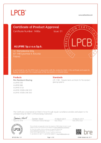 BRE certificate Alufire Glazed Partitions C1406a-01