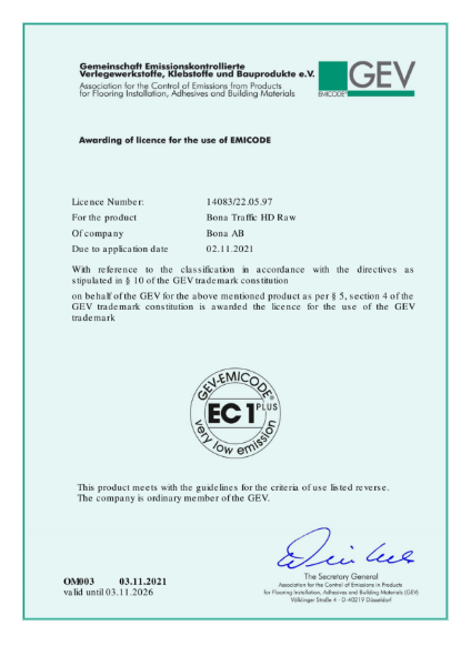 Bona Traffic HD Raw - EC1 PLUS - Emicode, GEV license/ certificate