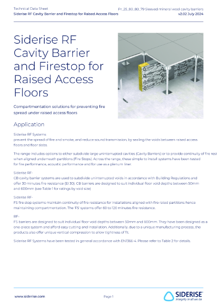 Siderise RF  Cavity Barriers and Fire Stops for Raised Access Floors – Technical Data v2.02