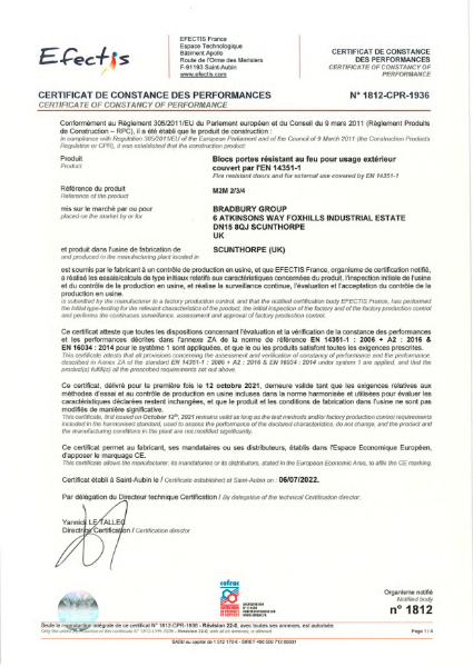 M2M 2/3/4 CE Efectics certificate of constancy of performance 