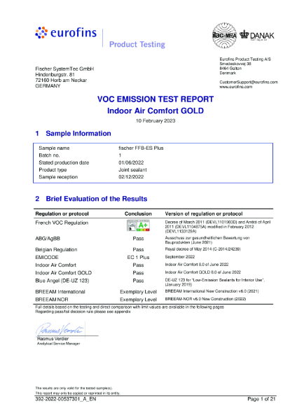 eurofins VOC Emission Test Report - Indoor Air Comfort GOLD - Fischer FFB-ES Plus