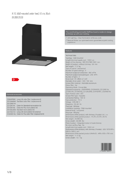 N 30, Wall-mounted cooker hood, 60 cm, Black
D62BBC0S0B