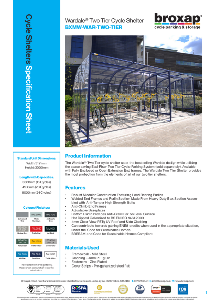 Wardale Two-Tier Cycle Shelter Specification Sheet