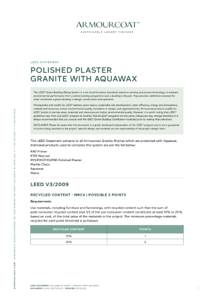 Armourcoat Polished Plaster Granite - LEED Statement