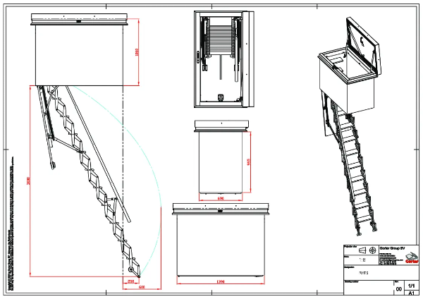 Gorter RHTS7014 Roof Hatch with integrated Scissor stair for ceiling height 2500 - 3000 mm -Technical 2D Drawing