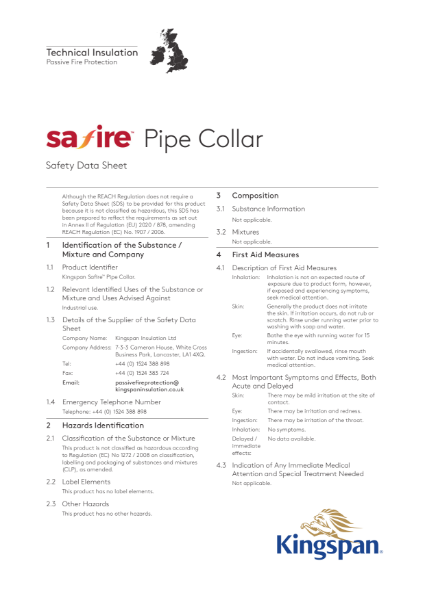 Kingspan Safire Pipe Collar Safety Information