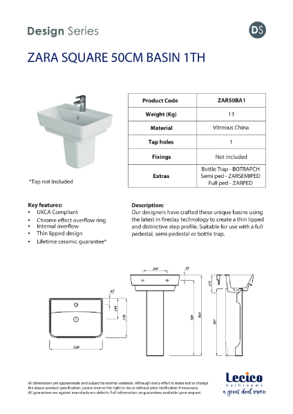 Zara Square 50 cm Basin 1 Tap Hole