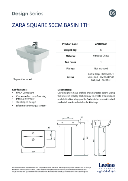 Zara Square 55 cm Basin 1 Tap Hole