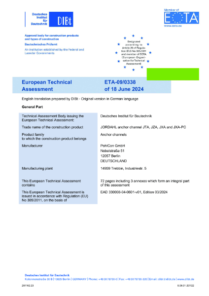 European Technical Assessment Jordahl Anchor Channels JTA & JXA  - ETA-09/0338