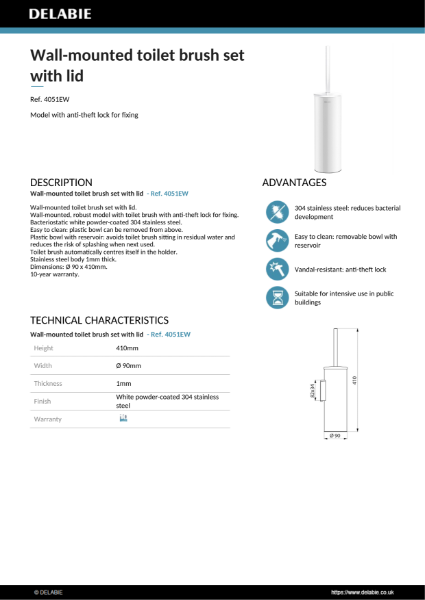 White wall-mounted toilet brush set
with lid Data Sheet - 4051EW