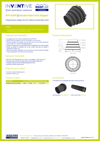 Timloc Building Products RTV-ADHS Hooded Slate Vent Adapter Datasheet