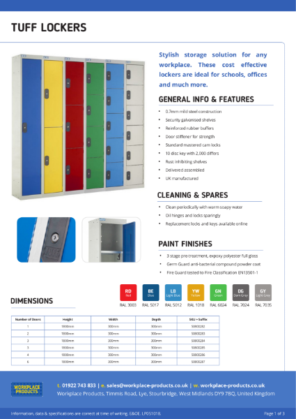 Standard Lockers, TUFF Data Sheet - Workplace Products