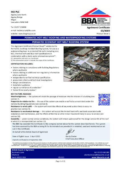 BBA Certificate - IKO Permatec Systems - Product Sheet 1