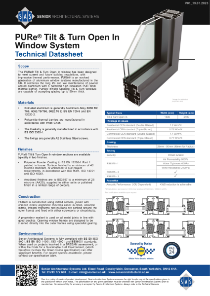 PURe® Tilt/Turn Window Technical Datasheet