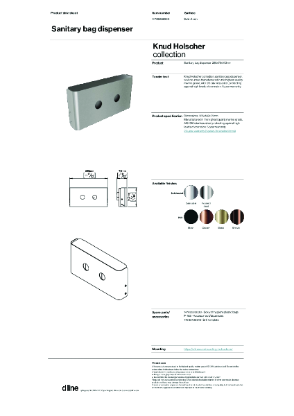 Sanitary bag dispenser (data sheet)