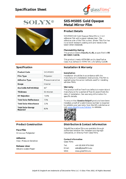 SXS-M5005 Gold Opaque Metal Mirror Specification Sheet