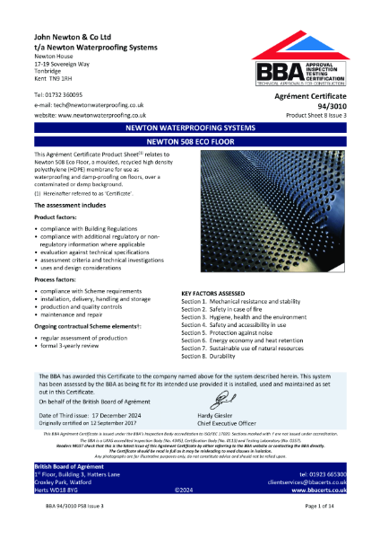 Newton 508 eco Floor - BBA Certificate