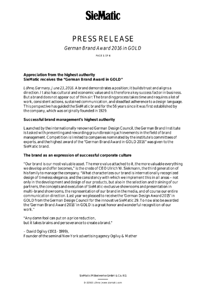 Appreciation from the highest authority  SieMatic receives the German Brand Award in GOLD