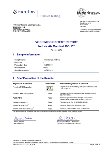 Eurofins VOC Emissions Test Report - Johnstone's Trade Air Pure 