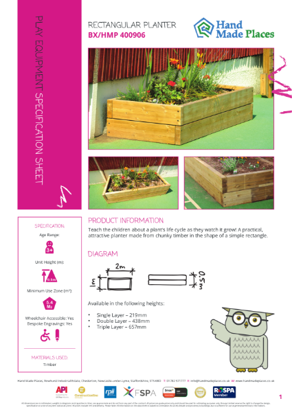 Playground Rectangular Planter Specification Sheet