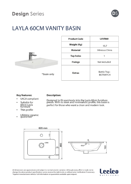 Layla 60cm Curved Vanity Washbasin