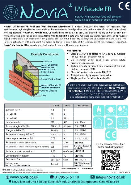 Novia UV Facade FR B-s1,d0 Fire rated Breather Membrane Datasheet