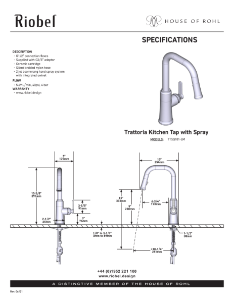 Trattoria Single Lever Kitchen Mixer With Pull Down Spray And Square Shaped Spout - PDS