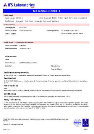 BS 5867-2 Type B Flammability Test Certificate