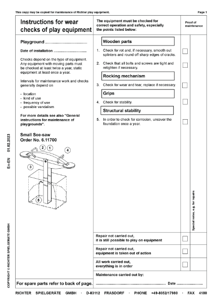 Timberplay See-Saws - Small See-Saw - Maintenance Instructions.