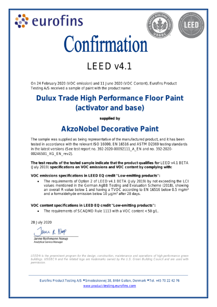 Dulux Trade High Performance Floor Paint LEED Attestation