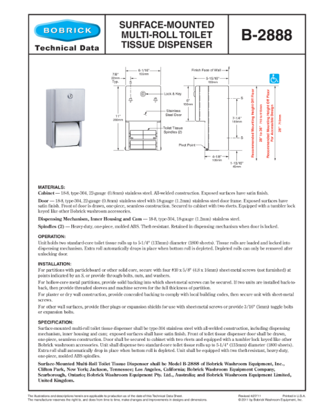 Surface-Mounted Multi-Roll Toilet Tissue Dispenser - B-2888